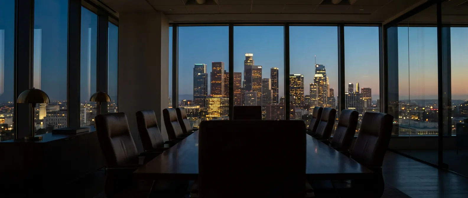 Los Angeles skyline at dusk from the Itkin Law boardroom